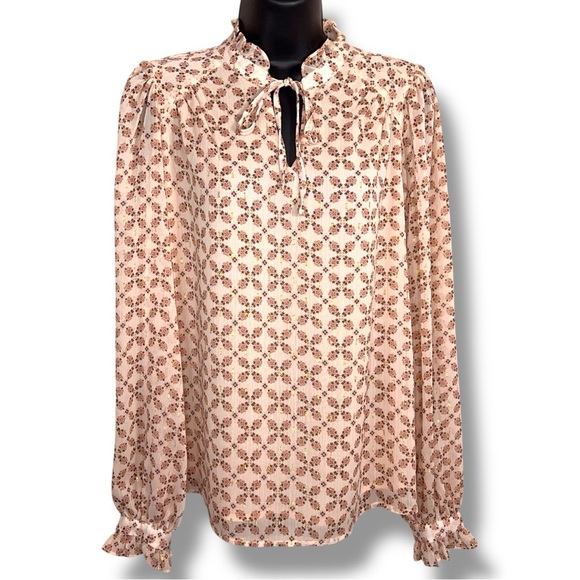 Small Rachel Zoe Womens Long Sleeve Blouse  Cream Floral Blouson Sleeve Pink - Picture 1 of 15